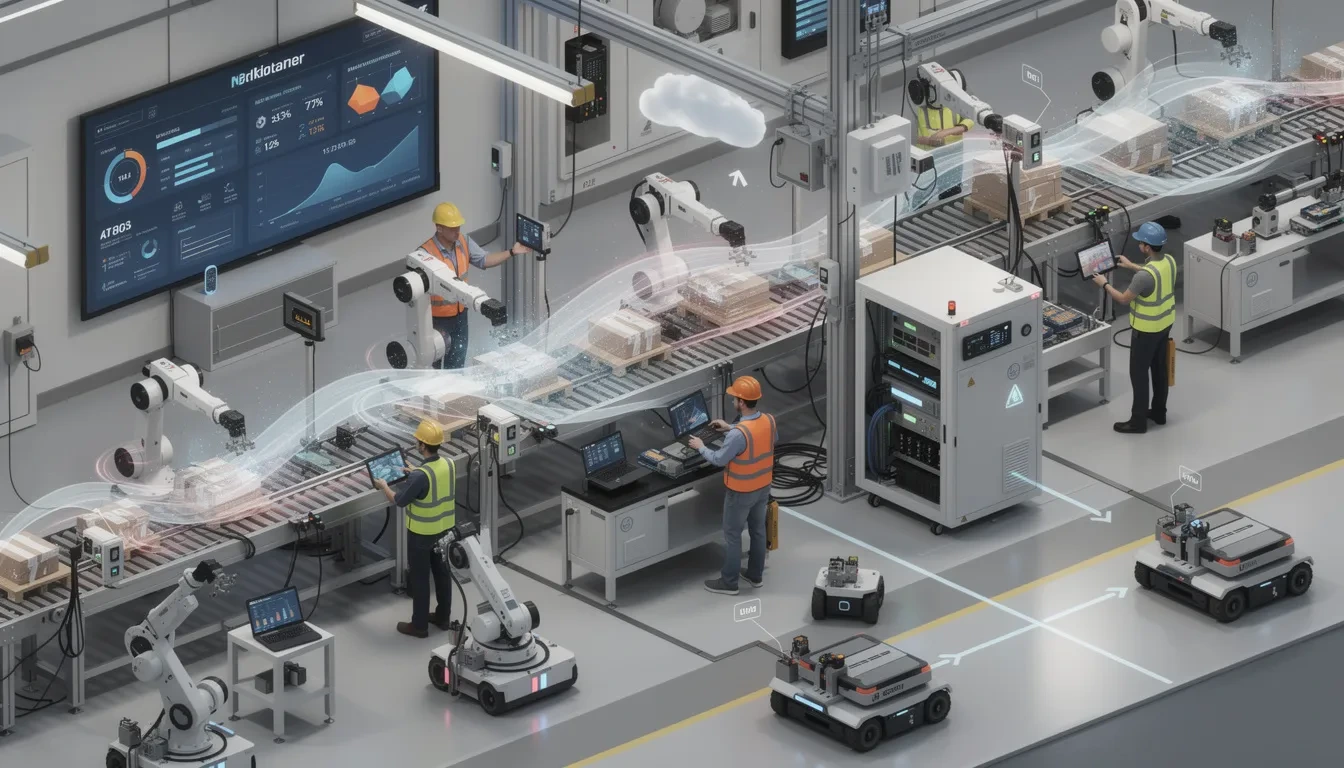 The image depicts a modern manufacturing environment where edge computing devices and sensors are seamlessly integrated, showcasing smart systems that enhance data processing and analysis. This setup reflects the growing demand for AI technologies and machine learning systems, emphasizing the role of AI engineers and data scientists in solving complex problems and driving innovation in the industry.